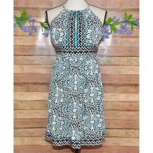 London Times Mixed Print Sleeveless Pleated Keyhole Summer Dress Size 6P Office